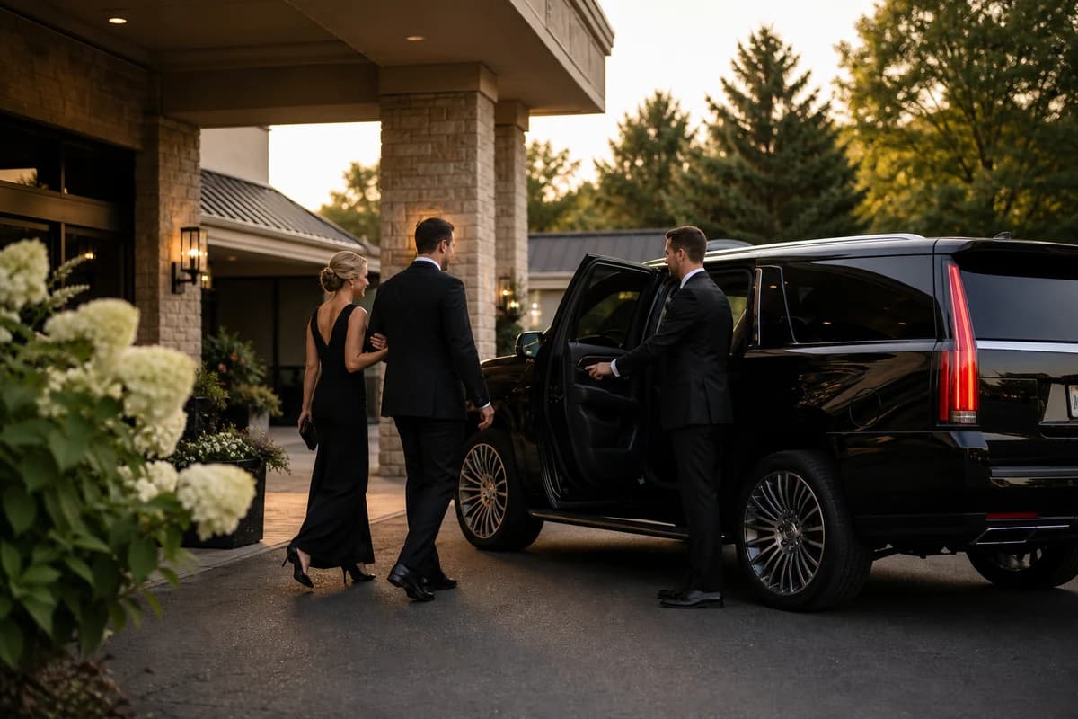 Black luxury SUV at a south metro lake-and-casino setting for Prior Lake car service
