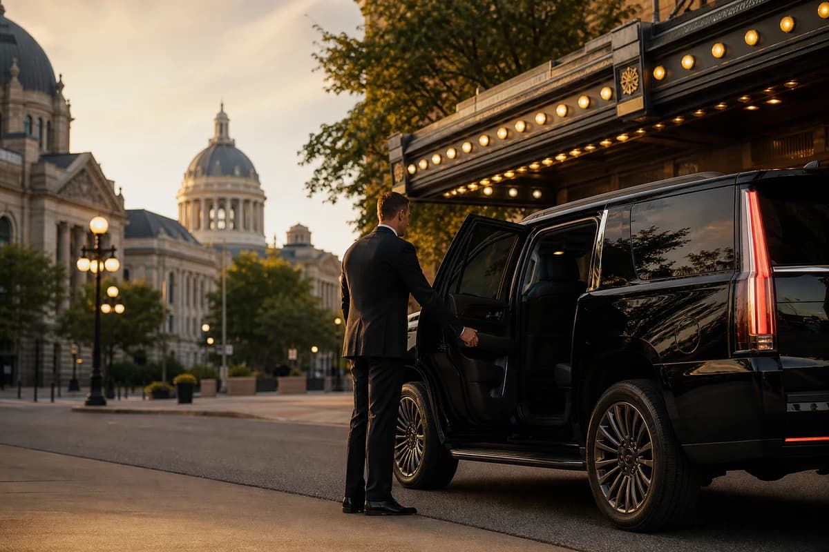 Luxury black car service in a refined downtown St. Paul setting with a professional chauffeur opening the door